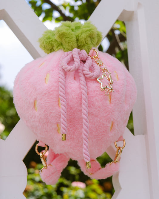 Luxe Velour Soft Strawberry Drawstring Bag [PINK]